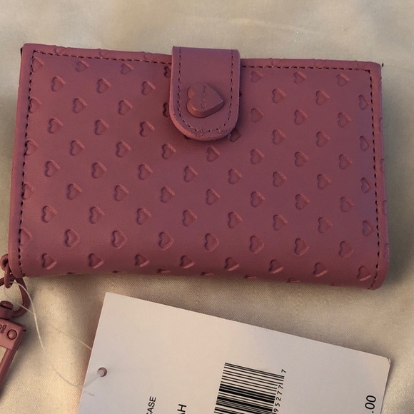Betsey Johnson Mauve Card Case Wallet & Key Ring Embossed Heart Pattern NWT - Picture 2 of 16